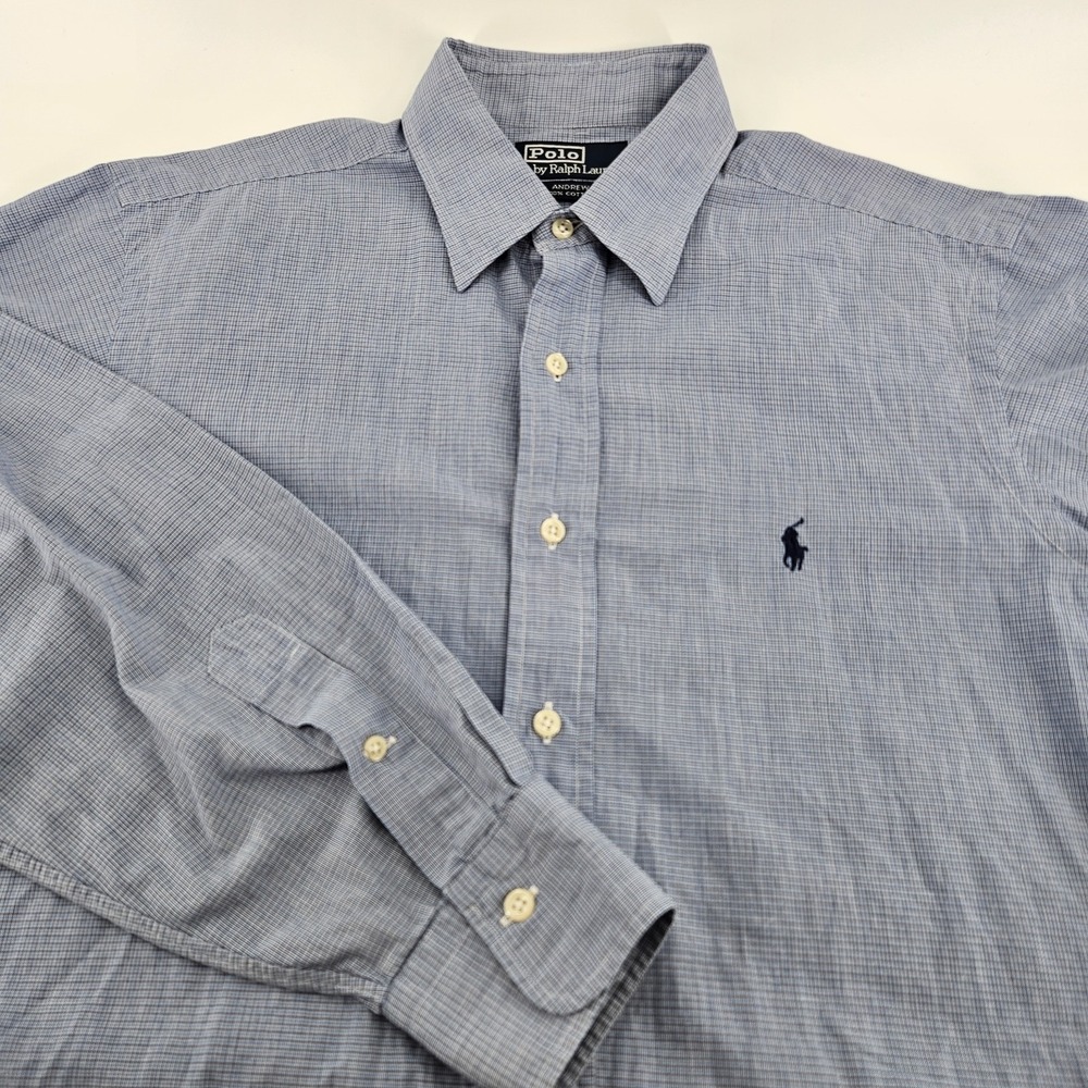 Polo Ralph Lauren Andrew Shirt Mens 16 34/35 Blue Micro Check Dress Button‎ Up